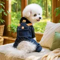 Dettaglio della salopette in denim per cani con felpa punk e anello a D - Salopette Punk - Nera