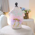 Pink floral pet kimono dress with a large purple bow and delicate lace detailing - Sakura Dream Kimono Pink