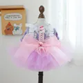 Elegant purple pet princess dress with layered tulle skirt and a large pink silk bow - XS / Pepe Princess Wedding Dress
