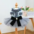 Detail of pet dress with floral lace, tweed trim, pearls and a large velvet bow - XS / Grey Blue Chanel-style Skirt