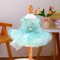 Close-up of mint green pet wedding dress with sequin embroidery and mesh bow detail - XS / Dreamy Fairy Wedding Dress - Green
