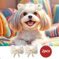 Set of 2 white polka dot lace bow pet hair clips for Maltese dogs on colorful sofa - Polka Dot Gauze Bowknot Small Hair Clip