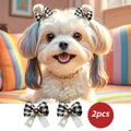 Set of 2 cute pet hair bows with black and white plaid, lace, and brown flower pom-poms - Black and White Plaid Flower Bowknot