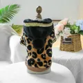 Leopard print pet hoodie with gold sequin trim and black plush ball on a wooden model - XS / Leopard Black Gold