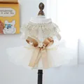 Abito da principessa per animali in tweed crema con pizzo dorato e fiocco perlato - Abito Stellato da Sogno