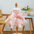 Light pink pet satin wedding dress with a large bow and sparkly rhinestone pearl - Lychee Rose Wedding Dress / M-Chest 40 Length 30cm (approx. 3.5-4kg)