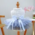 Exquisite white lace pet wedding dress with lavender tulle skirt and pearl bow ornament - XS / Andromeda Wedding Dress