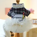 Detailed embroidery of camellia and lipstick on checkered pet dress with pearl collar - XS / Black and White Plaid