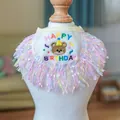Macro shot of pet birthday bandana with Happy Birthday embroidery and colorful tassels - S / Bear Birthday Style (Happy Birthday)