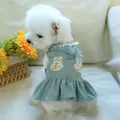Süßes mintgrünes Cord-Haustierkleid mit Spitzenkragen und Hasen-Patch für kleine Hunde - XS / Grüner Hase Stil