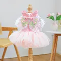 Rosa Haustier-Prinzessinnenkleid mit Blumenstickerei, Perlenknöpfen und Tüllrock - XS / Rosa