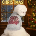 Detail of grey knitted pet sweater with Christmas gingerbread man and OH SNAP embroidery - XS-Bust 30cm, Length 20cm (Approx 1-1.5kg) / Red Gingerbread Man Sweatshirt