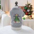 Close-up of grey pet hoodie with Merry Christmas tree print on soft knit fabric - Christmas Tree Heather Grey
