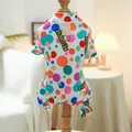 Polka dot pet onesie with integrated D-ring leash attachment in a cozy home setting - XS-Bust 30cm, Length 20cm (Approx 1-1.5kg) / Colorful Bubbles