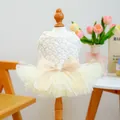 Cute pet dog cat princess tutu dress in cream white with large lace sequin bow - XS (Within 1.5kg) / Top And Bottom / Forest Style Wedding Dress