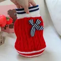 Red knit pet sweater with cable pattern, blue bow tie, and college style for dogs and cats - XXS / Red