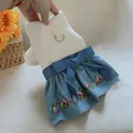 Cute pet dress with waffle top and blue denim skirt featuring floral embroidery and a bow - Flower Denim