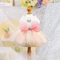 Dog lace dress with pink bow and heart gem on cream layered mesh tutu skirt - XS (Within 1.5kg) / Top And Bottom / Little Sweetheart Wedding Dress