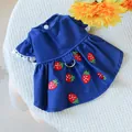 Detailed close-up of blue pet dress with strawberry embroidery and metal D-ring for leash - Strawberry Denim