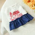 Cute pet dress with white waffle top, red embroidery and blue denim skirt for small dogs - Embroidered Denim