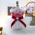 Pink velvet pet princess dress with white mesh skirt and crown diamond accessory - XS-Bust 30cm, Length 20cm (Approx 1-1.5kg) / Royal Gown - Pink