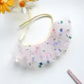 Pink lace pet bib with colorful star sequins and ruffled mesh for birthday parties - Colored Star Mesh Style