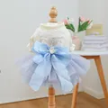 Lace pet princess dress with snowflake embroidery, tulle skirt and blue bow for small dogs - XS-Bust 30cm, Length 20cm (Approx 1-1.5kg) / Ice Princess Dress