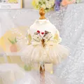 Elegant beige pet princess dress with a large lace bow and red heart gem detail - XS-Bust 30cm, Length 20cm (Approx 1-1.5kg) / Wedding Bear Skirt