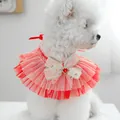 Red mesh pet bib collar with pink bow and heart gemstone for cats and small dogs - Ruby Gold Mesh Style (Size M)