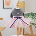 Cute pet dress with grey ribbed top, white mesh tutu skirt and pink blue butterfly bow - XS-Bust 30cm, Length 20cm (Approx 1-1.5kg) / Petti Princess Dress - Grey Top