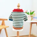 Detailed knit of a colorful retro striped pet sweater on a small wooden mannequin stand - XS / Colorful Retro Stripes