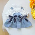 Blue and white pet denim dress with lace collar and bows for small dogs and cats - XS / Sea Breeze Holiday Denim Skirt