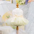 Elegant beige pet fairy dress with floral lace and a large sequin bow on a hanger - XS-Bust 30cm, Length 20cm (Approx 1-1.5kg) / New Flower Fairy Wedding Dress