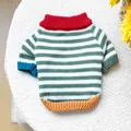 Detail eines bunten Retro-Streifenpullovers für Haustiere mit rotem Rollkragen und Streifen - XS-Brust 30cm, Länge 20cm (ca. 1-1,5kg) / Retro Gestreifter Pullover