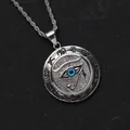 Silver stainless steel Horus Eye coin pendant necklace with blue pupil and rope chain - Silver Blue Eye Pendant Rope Chain
