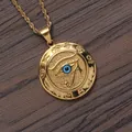 Macro detail of golden Eye of Horus coin pendant with blue bead and ancient hieroglyphics - Light Gold Blue Eye Pendant Rope Chain
