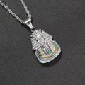 Detailed close-up of Egyptian Pharaoh pendant with sparkling crystals and enamel details - Rope Chain Necklace / Silver