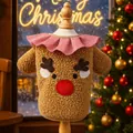 Brown reindeer fleece dog sweater with red plaid ruffle and plush moose embroidery - XS / Tops / Plaid Collar Fur Coat - Reindeer