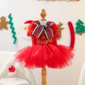 Detail of red Christmas pet dress with Merry & Bright embroidery and mesh skirt - XS / Merry & Bright Christmas Dress