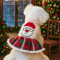 Christmas pet dress with cream fleece top, Santa embroidery, and red plaid skirt - XS Chest 30 Length 20 / Santa Claus Plaid Patchwork Cotton Dress