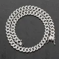 8mm silver Cuban link necklace with three central zircons and full pave setting - 50cm / Silver