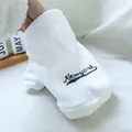 Detail of white pet hoodie with navy New York script lettering and soft fleece fabric - White