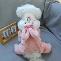 Pink and white plush dog onesie with cartoon bunny ears and bow detail on sofa - S-Chest 35 Length 25 / Pink And White Patchwork - Smiling Rabbit Style