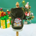Detailed close-up of dark green Christmas pet hoodie with Santa print on a mannequin - Christmas Snowman Army Green