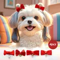 Set of 4 red pet hair clips with bows, pearls and bells for small dogs or cats - Pearl Bell Red Bowknot Hair Clips
