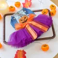 Halloween dog dress with blue denim top, purple tulle skirt and pumpkin embroidery - XS Chest 30 Back 20 / Quirky Pumpkin Dress Style