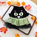 Halloween pet dress with black cat face sequins and green mesh skirt for dogs and cats - XS Chest 30 Back 20 / Cute Cat Halloween Mesh Style