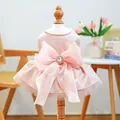 Pink dog princess dress with large organza bow and rhinestone pearl embellishments - XS-Bust 30cm, Length 20cm (Approx 1-1.5kg) / Lychee Rose Wedding Dress