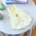 Yellow dog princess dress with large bow, pearl trim and floral pattern for small pets - XS / Floral Yellow Rhinestone Dress / Yellow