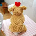 Khaki plush pet hoodie with red 3D heart on hood, worn by small white dog on plaid fabric - Light Brown - Heart Little Fatty Style